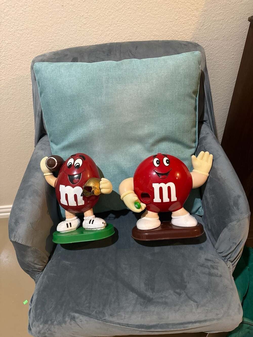 Lot of 2 Vintage M&M Candy Dispensers Red Peanut Football and Red Plain Waving
